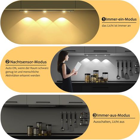 30cm Lampe de Placard à Détecteur de Mouvement, Dimmable Rechargeable USB Sans Fil LED Lamp Placard 3000K-6000K Éclairage LED étude Cuisine Veilleuse (1/5)