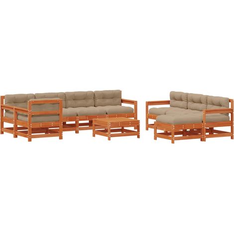 Garden Lounge Set 10 pcs Wax Brown Pine Solid Pine Wood vidaXL