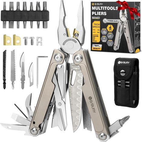 Pince Multifonctions en Alliage de Titane et Acier Damas, Outil Multifonction, Multitool, Idee Cadeau Homme, Anniversaire, Saint Valentin, Cadeau Noel Homme pour Camping, Randonnée, Survie (1/5)