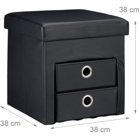 Pouf contenitore pieghevole moderno con 2 cassetti 38 x 38 x 38 cm pratico e stabile in ecopelle nera 130005824
