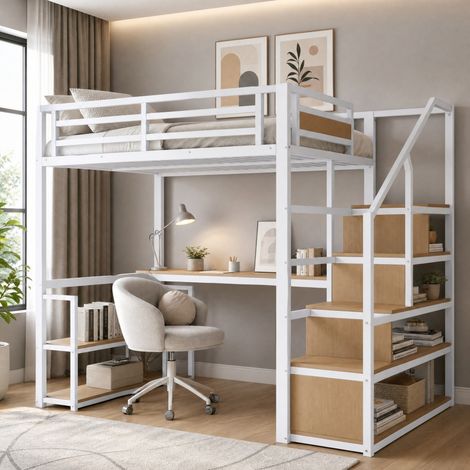 CHICFURN Letto a soppalco 140x200 cm in metallo bianco con scrivania e ripiani, senza materasso (1/5)