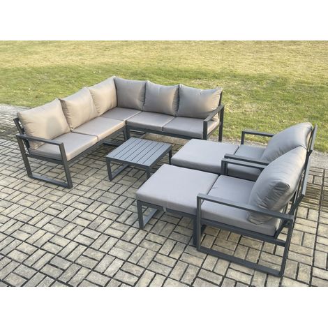 Fimous 9 Seater Outdoor Aluminium Garden Furniture Set Corner Lounge Sofa Set with Square Coffee Table 2 Big Footstools Dark Grey (1/5)