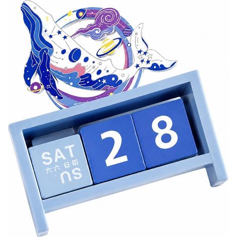Calendrier de bureau perpétuel en bois, motif baleine, bloc de date réutilisable, décoration intérieure (1/4)