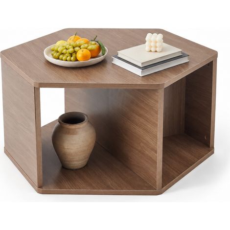 ELVMI Mesa de Centro Hexagonal con Patas Cilíndricas, Superficie Lisa, en MDF Acabado Nogal, para Salón, Marrón (1/5)