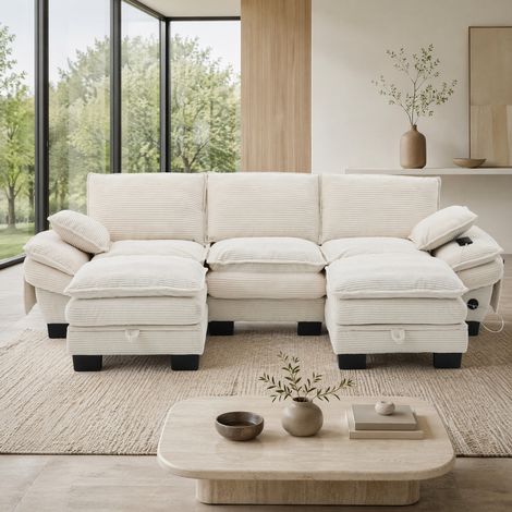 Sofá 3 plazas modular con 2 pufs de pana 260 cm OKMYHOME (1/5)