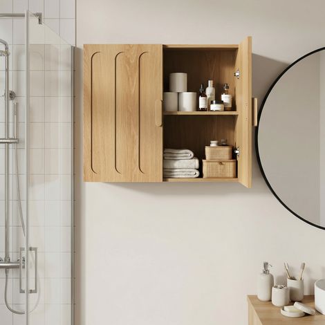 Pensile bagno 60x20x52 cm rovere in MDF con doppia anta e ripiani regolabili (1/5)