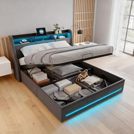 Letto contenitore 140 x 190, letto 140 x 190 con rete, giroletto, letto matrimoniale con porta USB e LED, lino, grigio (1/5)