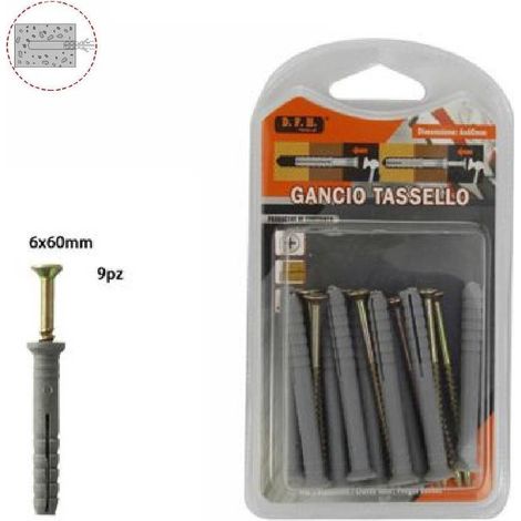 TrAdE Shop Traesio - Set 9 Pezzi Tasselli Fisher Viti Vite Chiodi Gancio Tassello Misura 6x60mm 69049 -