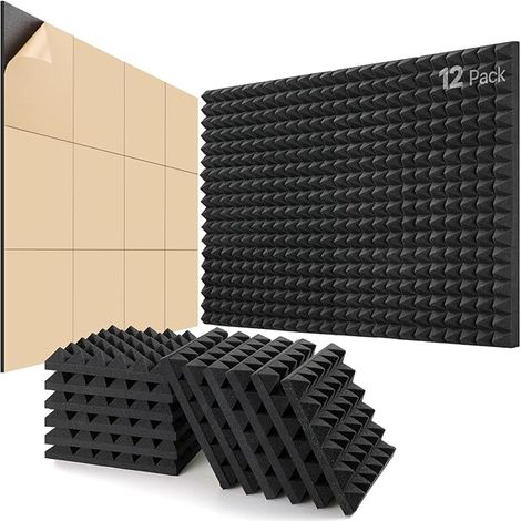 Mousse Acoustique Autocollante, Lot de 12 Panneaux Acoustique, 30 X 30 X 5cm, Mousse Anti Bruit, Gaming, Podcasting, Studio d'enregistrement, Bureaux