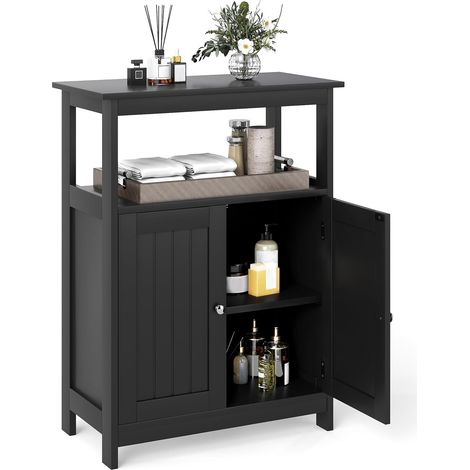 Goplus – Meuble bas de salle de bain noir 60x30x80 cm – Armoire au sol avec double portes – Étagère réglable 3 niveaux – Kit anti-basculement inclus (1/5)