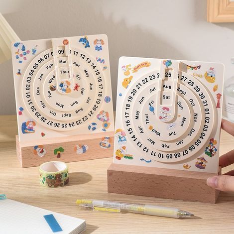 Tischkalender Kleiner runder drehbarer Tischkalender mit Holzsockel Zeigt Monat, Woche und Tag an Radkalender (1/5)