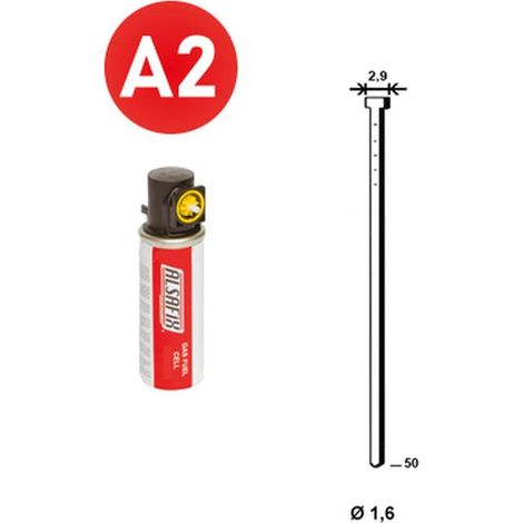 2 000 Pointes Brads Inox en Bande 20° (Pack) - 1.6/2.9x50 mm + 2 Cartouches de Gaz Jaune - D-Work