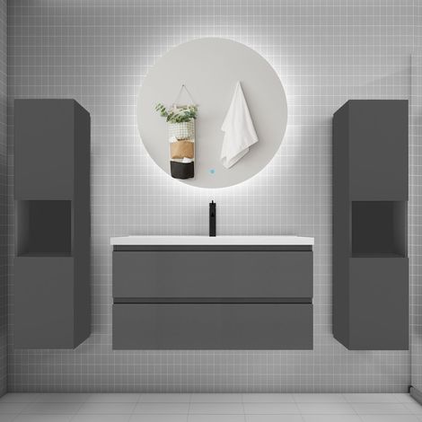 Ensemble meuble anthracite et vasque L.100cm 2 tiroirs + colonne2 haut + lavabo + miroir 60x60cm-suspendu (1/5)
