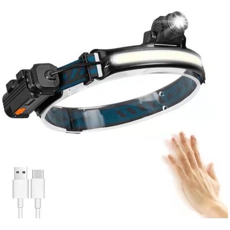 Lampe Frontale, Lampe Torche LED Rechargeable USB,Torche Frontale Zoom de Étanche IP65 Avec Mode Capteur Sensible pour Pêche, Camping, Course, Cyclisme [Classe énergétique A++]