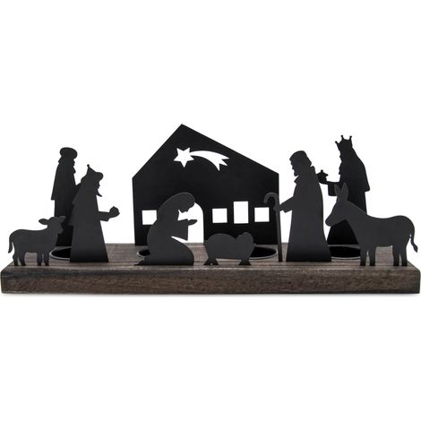 Kerzenhalter Krippe schwarz - 32 x 9 cm - Weihnachtsdorf Silhouette mit Haltern für 4 Teelichter - Weihnachten Advent Winter Kerzen Ständer Tisch Fenster Schattenspiel