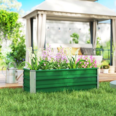 Jardinière rectangulaire en acier avec gants, idéale pour la culture de plantes et de fleurs sur une terrasse ou un balcon. Dimensions : 125 x 47 x 40 cm. Couleur : vert. (1/5)