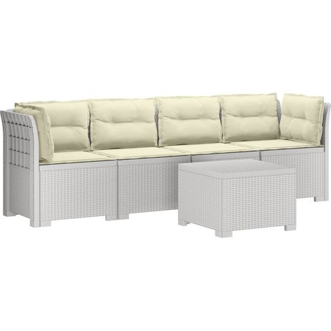 Canapé de Jardin Modulable 4 Places avec Table Basse Aspect Rotin PP Blanc et Coussins Crème - PANGIVO (1/5)