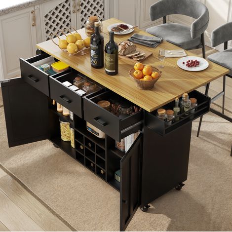 Carrello da cucina 124x65x85,3 cm con ripiani estraibili, 2 ante, 3 cassetti, vassoio pieghevole, portasciugamani, portaspezie, in MDF, nero (1/5)