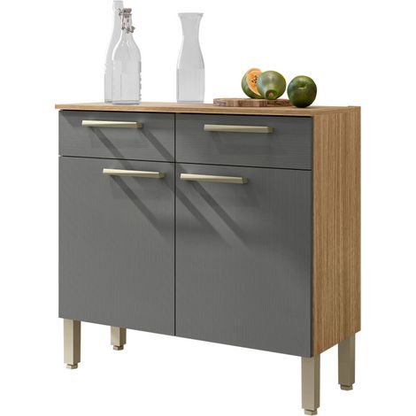 Beaux Meubles Pas Chers – Buffet bas cuisine 2 portes 2 tiroirs imitation chêne et gris – Dimensions 91x36.3x86 cm – 2 niches et pieds réglables en hauteur