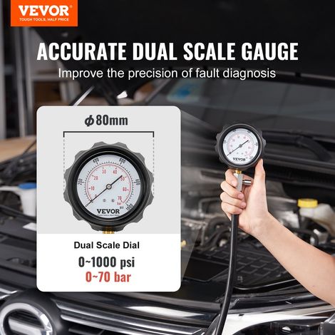 Testeur de Compression avec 18 Kits d’Adaptateurs Compressiomètre pour Moteurs Diesel Jauge de Compression 0-70 bars ou 0-1000 psi Outil de Diagnostic de Cylindre de Moteur Voiture Moto Atelier (1/5)