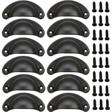 12 poignées porte coquille rétro demi-lune noires avec vis (1/4)