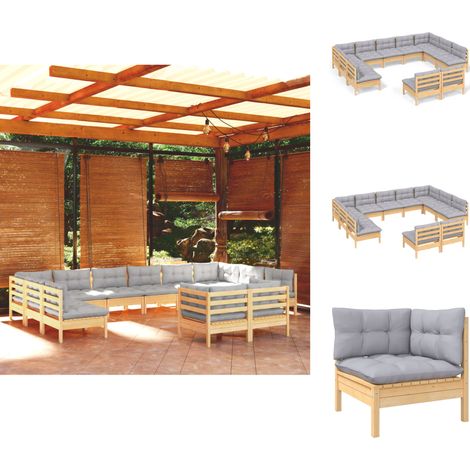 Gartenmöbel-Sets - Living 11-tlg. Garten-Lounge-Set mit Grauen Kissen Kiefer Massivholz (1/5)