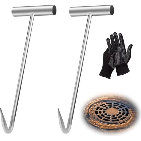 2 Pièces Crochets de Levage de Couvercle D'égout 30 cm  Couvercle de Regard Crochet avec Gants Noirs, Inoxydable T de Levage pour Trou D'homme, Outil Portable pour Suspendre Viande (1/5)