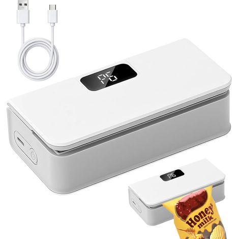 Mini Scelleur de Sac Rechargeable, Scelleuse Thermique Portable avec Modes, Coupe-Sachet Sans Fil Magnétique, Refermeur Étanche pour Aliments, Snacks et Céréales, Blanc (1/5)