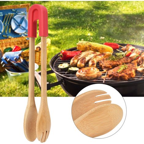 Pince de cuisine en bambou avec embout en silicone pour salade et pain (rouge)