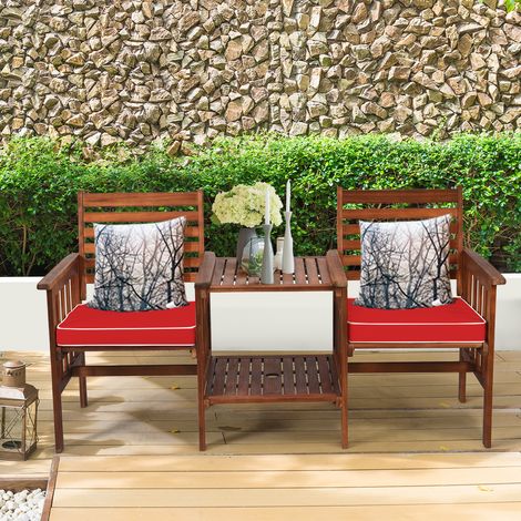 Salon de Jardin en Bois d’Acacia 2 Personnes Charge 160KG Ensemble de Meubles avec Table Basse 2 Chaises et Coussin Trou de Parasol de 5CM Rouge (1/3)