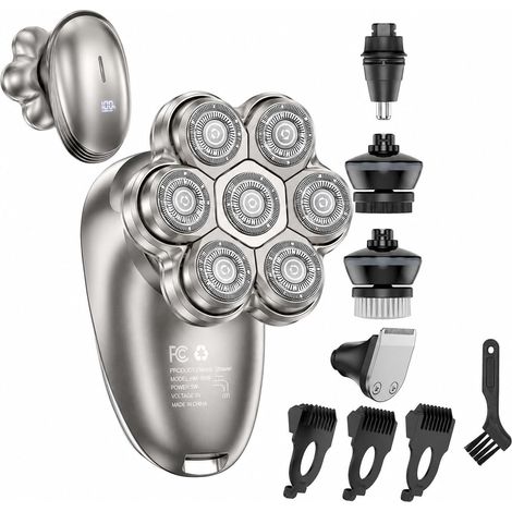 Afeitadora para cabeza calva masculina, recortadora eléctrica magnética 7D, afeitado en seco y húmedo IPX6, pantalla LED, carga USB-C, kit de afeitado 5 en 1 (1/5)