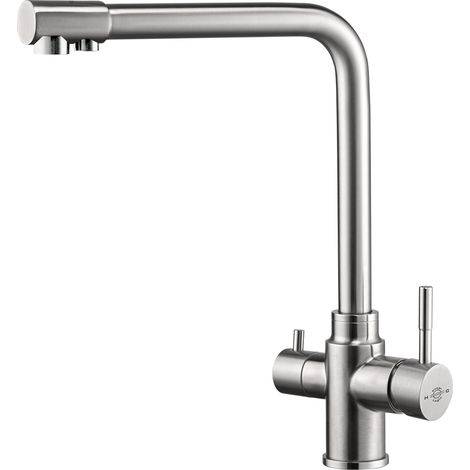 FilterLogic Azores 3 Way Triflow Monobloc Mixer Kitchen Filter Tap - Brushed Steel with Free Filter System