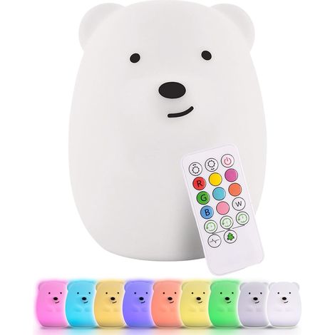 Veilleuse ours en silicone souple pour enfants  Veilleuse mignonne avec télécommande et commandes tactiles pour filles et garçons  Lampe animalière douce et portable avec 9 couleurs changeantes, câble (1/5)