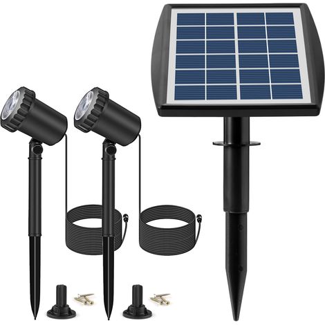 Lot de 2 projecteurs solaires LED étanches IP68, éclairage de jardin/bassin à énergie solaire, blanc chaud, pelouse, cour arrière, lampe de sécurité extérieure avec allumage/extinction automatique (1/2)