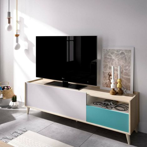 Dmora - Mobile porta TV Tamaro, Credenza bassa da soggiorno, Madia da salotto per televisione, 155x43h47 cm, Rovere e Bianco, con imballo rinforzato (1/5)