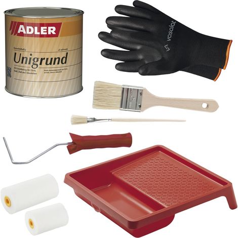 Adler Unigrund LM Haftgrund - 1K Grundierung mit Rostschutz - mit 2x Pinsel + Lackroller Set mit Farbwanne, grau 375ml (1/4)