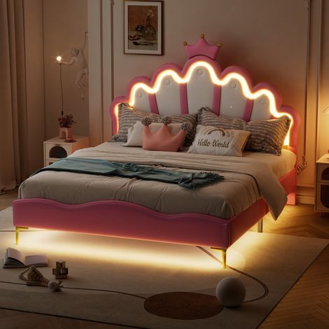 lit adulte princesse LED 140x200 PU rose tendre OKMYHOME (1/5)