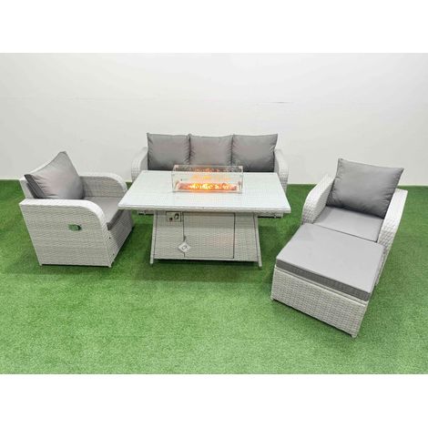 Fimous PE Rattan Garden Furniture Set Reclining Chair Sofa Lounge Sofa Set Firepit Dining Table Big Footstool Light Grey (1/4)