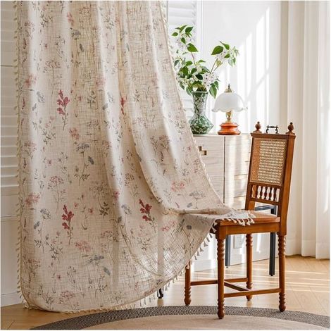 Rideaux de salon de style bohème, 1 pièce, voile long jusqu'au sol, motif maison de campagne (150x200 cm) (1/5)