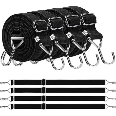 Lot de 4 tendeurs réglables en Caoutchouc avec Crochets, Extra résistants, avec Crochets en métal, 200 cm, Plats, Noirs, idéal pour Le Transport, l'emballage et la sécurisation des Charges (1/5)