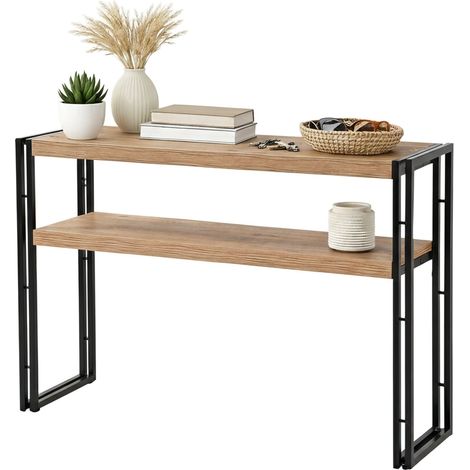Dmora - Konsolentisch Iota, Ausziehbarer Mehrzwecktisch, Eingangskonsole, Regal mit Erweiterungen, 140x35h80 cm, Eiche und Schwarz, mit verstärkter Verpackung