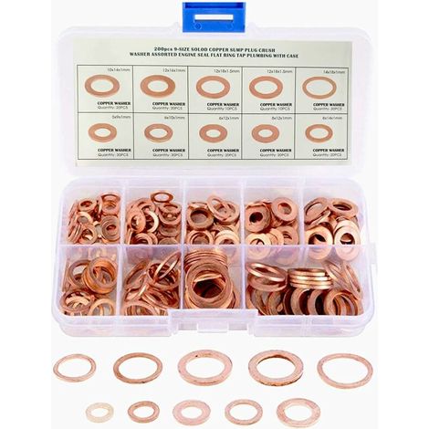 200PCS Kit Rondelles Plates en Cuivre Rondde Cuivre Assortiment Kit M5 M6 M8 M10 M12 M14 Rondelles metal Joints Bague D'étanchéité Rondpour Mécanique 9Tailles avec Boite en Plastique (1/5)