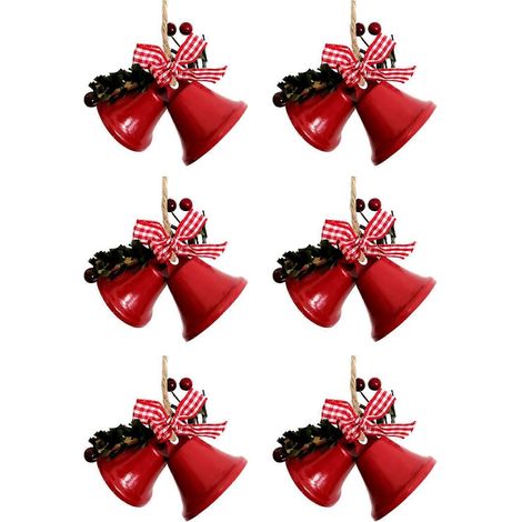 Lot de 6 cloches de Noël rouges avec nœud et baies rouges, idéales pour décorer le sapin. (1/5)