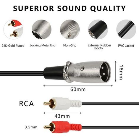 Cable Audio XLR Mâle Vers 2 RCA Mâles - 1,5 M - Cuivre Sans Oxygène - Adaptateur Signal Stéréo Pour Table De Mixage Microphone Amplificateur (1/4)