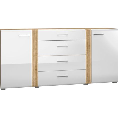 Anrichte Sideboard 190 cm in Eiche Castello Nb. mit weiß Hochglanz AKRON-131 hochwertige MDF Fronten mit filigraner Fräsung, B/H/T: ca. 190/90/42 cm (1/5)