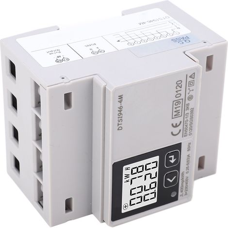 Compteur de puissance triphasé 230/400V, moniteur de consommation électrique sur rail DIN, boîtier ABS, affichage LCD, mesure du facteur de puissance, 3 phases, installation modulaire. (1/5)