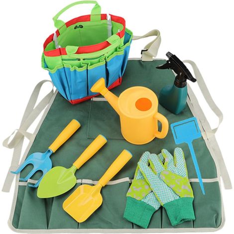 Gartengeräte-Set für Jungen und Mädchen, 9-teilig, Pflanzschaufel, Rechen und Gießkanne, einfarbige Schürze für kleine Gartenarbeit, Jungen und Mädchen, Spaß im Freien
