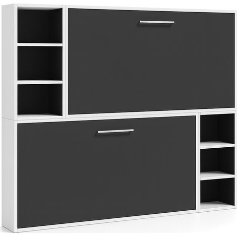 Lit escamotable superposé horizontal 2 couchages 90x180 avec étagères Binka-2 matelas-Coffrage Blanc-Façade Gris anthracite (1/5)