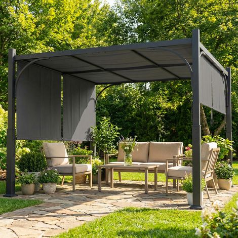 Pergola 3x3m avec toit coulissant, tonnelle métallique gris anthracite pour terrasse, abri solaire extérieur, structure en acier robuste, store rétractable, idéale jardin. (1/5)