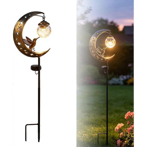 Lampe solaire jardin Colibri Lune déco LED demi-lune allée globe verre craquelé croissant métal étanche extérieur 1 pièce (1/5)